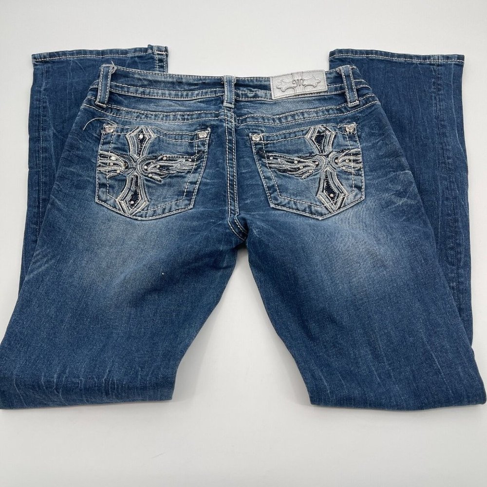 Miss Me Womens Jeans 30 Signature Slim Boot Embellished Designer Blue Denim Bead